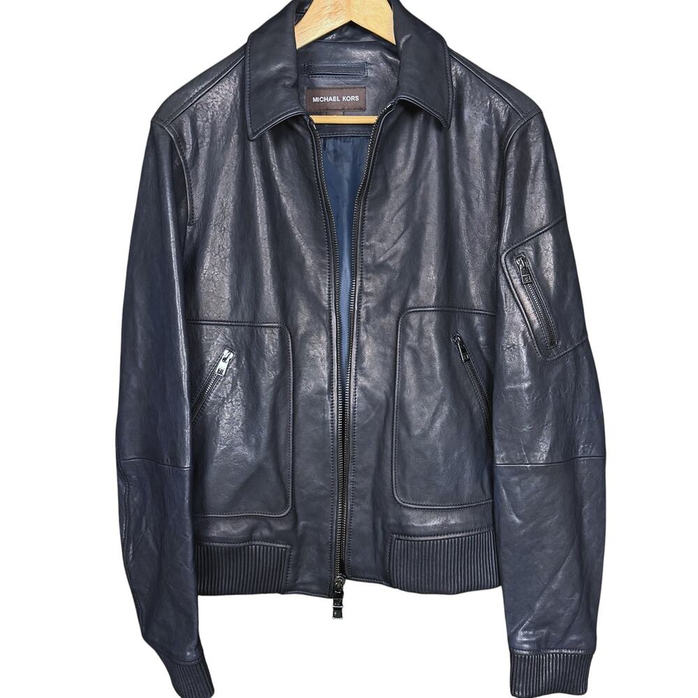 Michael Kors 100% Lamb Leather Blue Bomber Jacket Men's Medium Casual Preppy